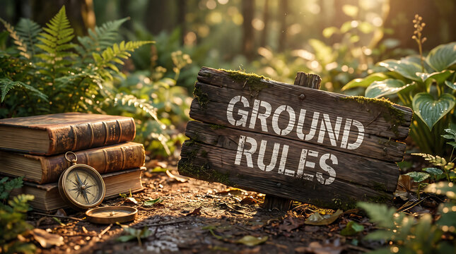 Ground rules sign on a wooded trail next to stacked vintage books and a nautical compass with guidelines navigation adventure exploration philosophy instruction