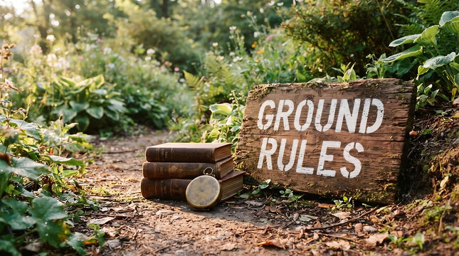 Rustic wooden board with ground rules message placed on forest floor along pathway featuring stack of leather bound books and gold compass in soft daylight setting now.