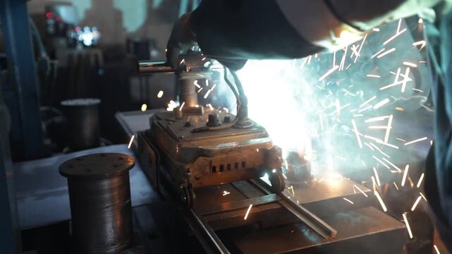 Metal Processing Factory. Industrial Metal Processing Factory. CNC Steel Machine Operating In Slow Motion. Automated Precision Metalworking, Sparks, Heavy Industry Production Process.