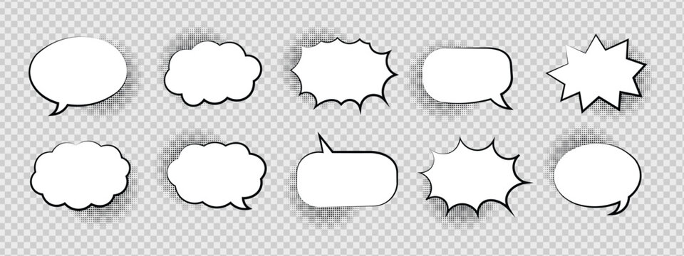 Comic speech bubbles set with blank white dialog cloud template. Vector illustration of abstract cartoon pop art chat explosion box collection, minimalist conversation thought message sticker display.