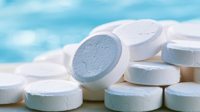 Close-up of white chlorine tablets for pool disinfection beside an automatic pool dispenser
