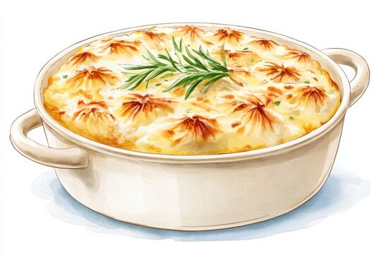 Illustrated rustic shepherd's pie in a cream ceramic dish with golden-brown crust and fresh herbs on top, presented on a light background