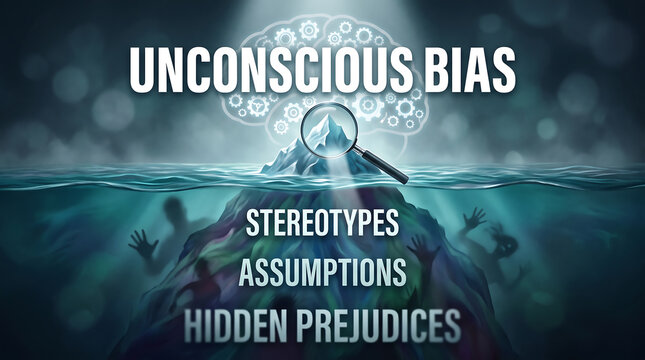An iceberg titled unconscious bias, showing stereotypes, assumptions, and hidden prejudices submerged underwater, with a magnifying glass on top.