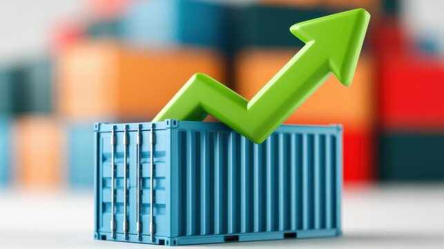 Blue cargo shipping container with green upward arrow symbolizing growth, surrounded by colorful stacked containers in a shipping yard environment