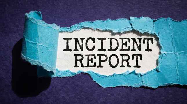 Incident report text typed in typewriter style font on white paper visible through a ragged tear in blue textured paper against a dark purple background base layer.