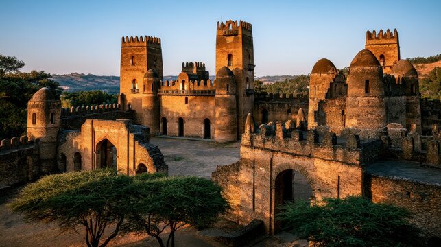 Fasil Ghebbi Royal Enclosure, Gondar, Ethiopia: Ancient castle ruins bathed in golden hour light