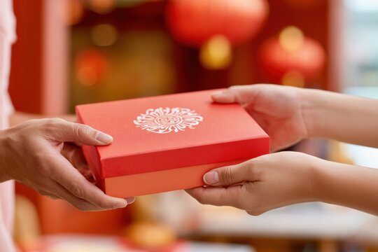 Hands exchanging a red gift box with floral design during Mid-Autumn Festival celebration, decorated with traditional lanterns in the background