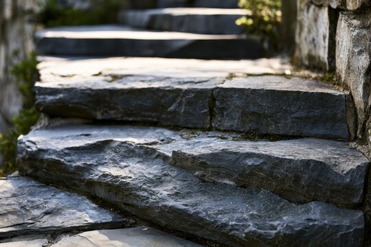 Bluestone steps winding through a tranquil garden courtyard with weathered stone texture