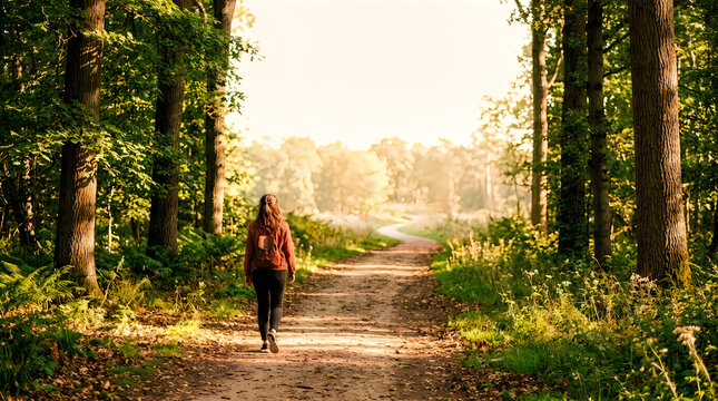 A solitary woman with a backpack walks along a winding dirt path through a sun-dappled, vibrant green forest, bathed in warm golden light, evoking feelings of peace, exploration, and profound connecti