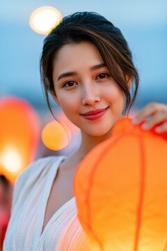 Young Asian woman in elegant attire holding a glowing orange lantern at a festive outdoor event with blurred lights in the background