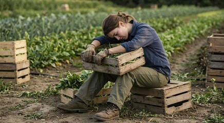 Fototapeta premium Exhausted young Caucasian female farmer slumped over vegetable crate. Tired agricultural laborer resting in field during hard physical labor. Burnout and fatigue concept