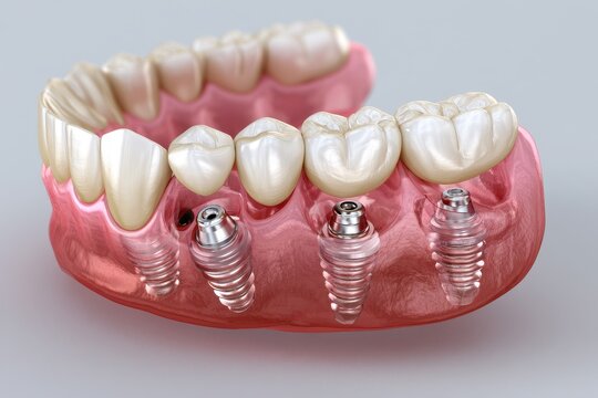 Four-implant overdenture on the upper jaw showing acrylic denture and gums