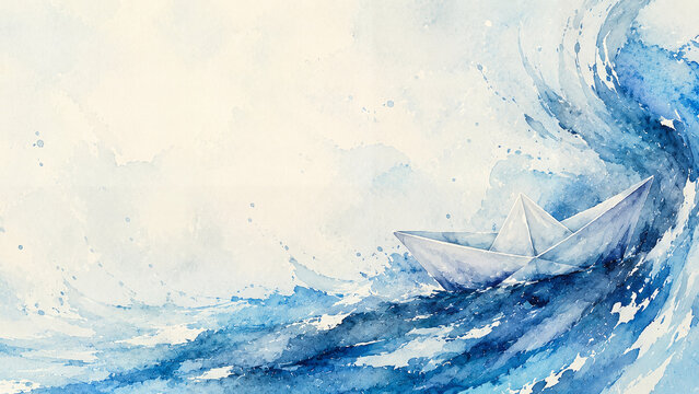 Watercolor sea waves with a paper boat, blue and white tones, the personification of ocean power, with a space for copying