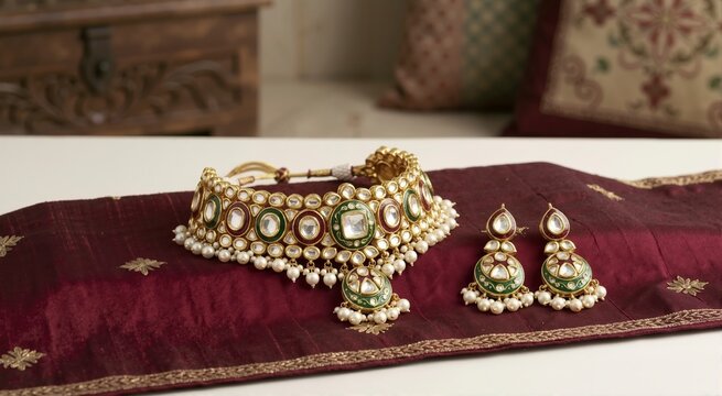 Traditional Indian Kundan jewelry set with choker necklace and earrings. Gold bridal accessories with pearls and green enamel on maroon silk fabric
