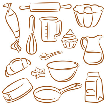Bakery and pastry kitchenware icons. Vector hand drawn line art cooking utensils and tools. Recipe design elements