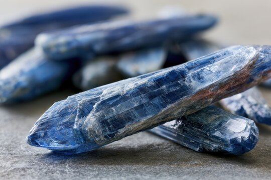 Blue kyanite mineral blades arranged for still life composition
