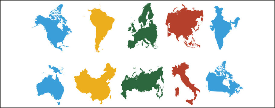 World continent maps collection, colorful geographic silhouette vector illustration isolated educational design set artwork