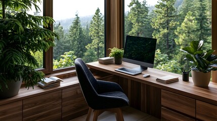 Fototapeta premium A modern wooden desk with chair overlooks dense forest through large surrounded by potted plants and books