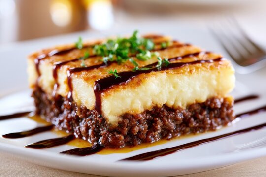 Plated shepherd's pie square with thick layers of mashed potatoes and ground meat, garnished with parsley, served on a white dish with sauce drizzled around