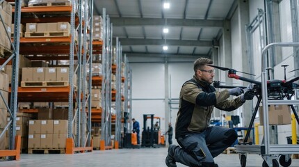 Fototapeta premium Technician repairing industrial drone in warehouse