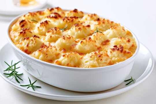 Classic shepherd's pie baked in a white oval dish, featuring golden-brown mashed potato topping and garnished with fresh herbs on a white table setting