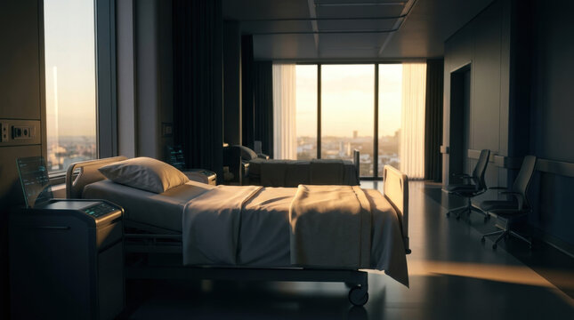 Modern Hospital Room Overlooking City At Sunrise