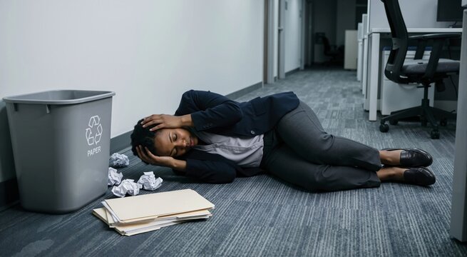 Exhausted Black businesswoman lying on the office floor holding her head. Stressed corporate employee experiencing burnout next to a recycling bin and crumpled paper