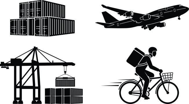 Global logistics and delivery services silhouette set with cargo containers airplane port crane and bicycle courier