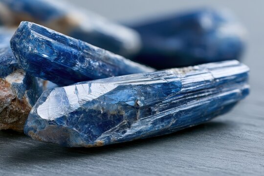 Blue kyanite crystal blades on a neutral slate &acirc;&euro;&ldquo; macro mineral study