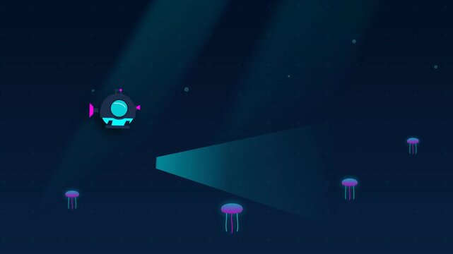 An isometric digital art illustration of a blue robot with pink accents shining a beam in a dark environment with purple objects
