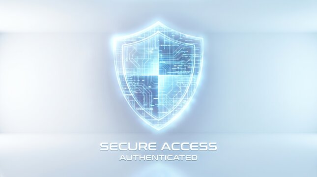 Digital glowing blue shield graphic symbolizing cyber defense and authenticated network access security for modern data protection