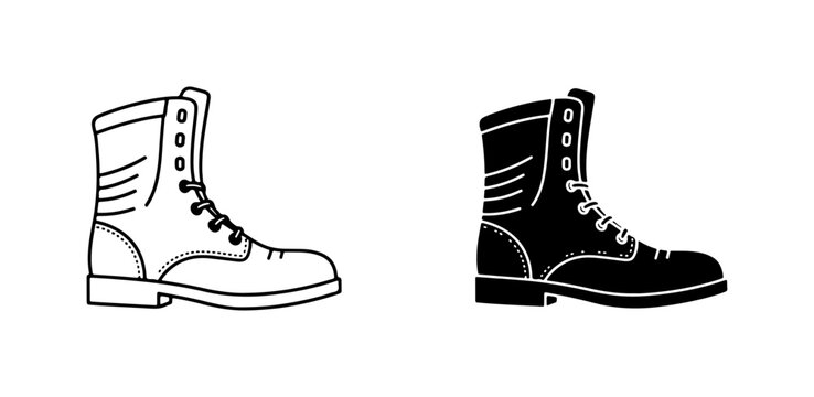 Combat Boots, Military Style Footwear, Black Silhouette and Outline Vector Icons