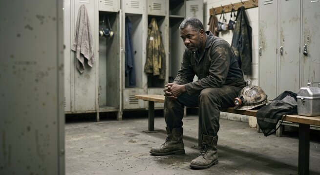 Exhausted middle aged Black miner sitting on a bench in a dark locker room. Tired industrial worker in dirty coveralls resting after hard physical labor