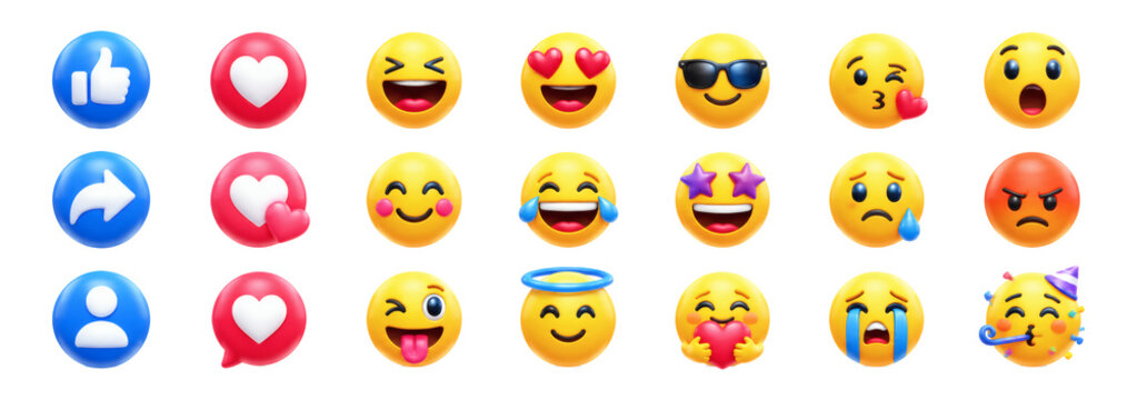 3D social media reaction and emoji icon set with like, share, and profile buttons, love hearts, and expressive yellow emoji faces. Isolated elements on transparent background for web UI.