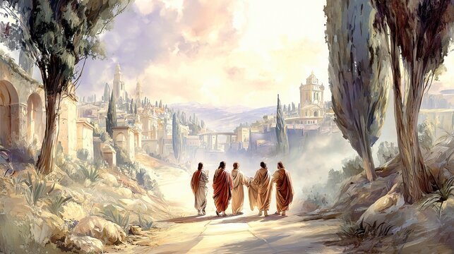 As the Christians walk together discussing the Scriptures, their journey reminds us that God's Word guides every step and strengthens believers through shared faith and fellowship.
