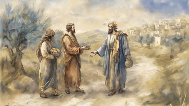 As the believers share bread and water with a weary traveler, their kindness reminds us that serving others with compassion reflects God's love in everyday life.
