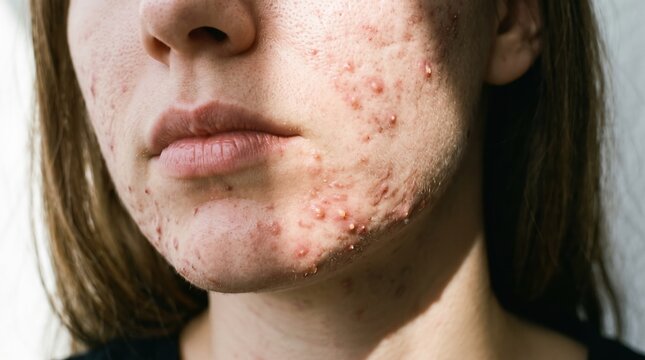 Extreme close-up of young woman face showing acne breakout and skin texture with dermatology skincare inflammation