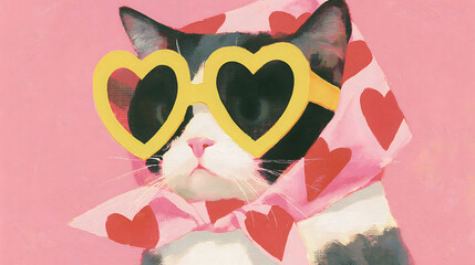 Fototapeta premium Cool Cat Chic: A fashionable feline sporting quirky heart-shaped sunglasses and a stylish scarf with a heart pattern, exuding playful charm and a touch of glamour.