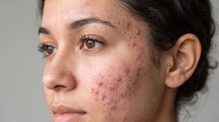 Fototapeta premium Portrait of young woman with acne breakouts looking side on neutral background dermatology skincare inflammation