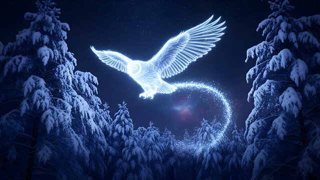 Glowing white eagle in flight surrounded by snow covered trees under a dark night sky with mystical light trail