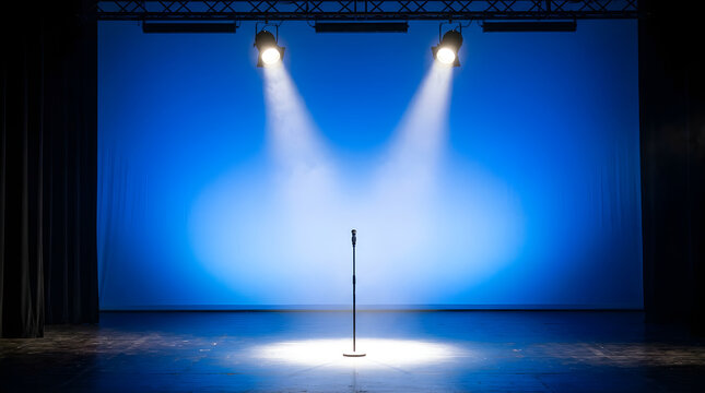Empty theater stage with a microphone stand under bright spotlights. Perfect for stand-up comedy or performance event promos.