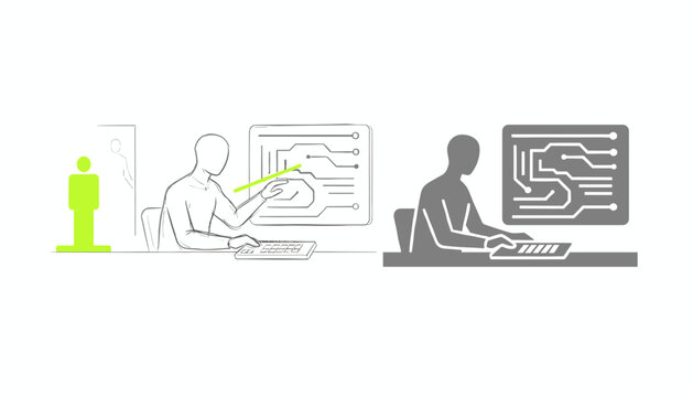 Person illustrating technical diagrams in a side-by-side contrast of a rough sketch against a solid grey icon style.