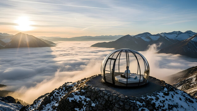 Couple enjoying romantic dinner in transparent glass dome on snowy mountain peak above clouds at sunrise with breathtaking mountain landscape