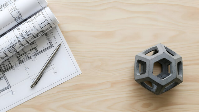 3d printed metal object and architectural blueprint with pen on a light wooden table showcasing modern design and engineering concept