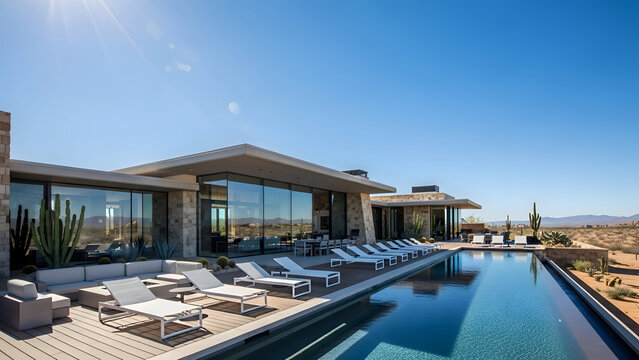 Luxurious modern villa with infinity pool and deck chairs overlooking desert landscape on sunny day with clear blue sky