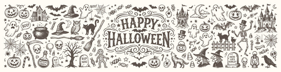 Vintage Happy Halloween greeting typography design with hand drawn holiday doodles © Avartde