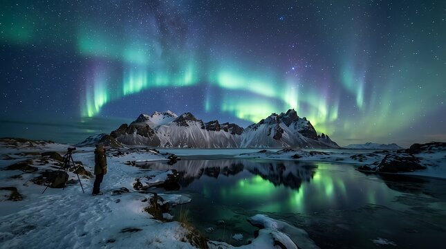 Photographer standing on a frozen snowy shore captures the vibrant green aurora borealis dancing above jagged mountain peaks reflected perfectly in the dark icy water