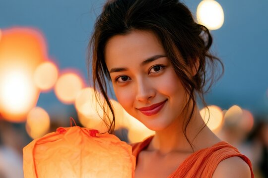Young Asian woman in elegant attire holding a glowing lantern during a festive evening celebration with illuminated lanterns in the background