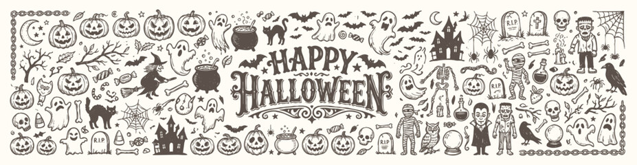 Vintage Happy Halloween greeting typography design with hand drawn holiday doodles © Avartde