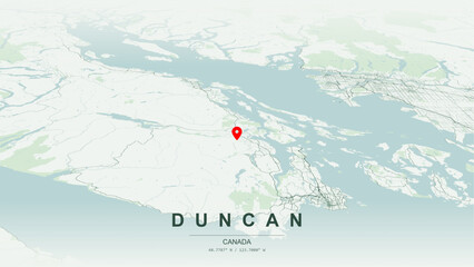 Modern minimalist vector map of Duncan, British Columbia. High-quality scalable illustration of Duncan geographic boundaries, Cowichan River shoreline for posters design. © AliRza